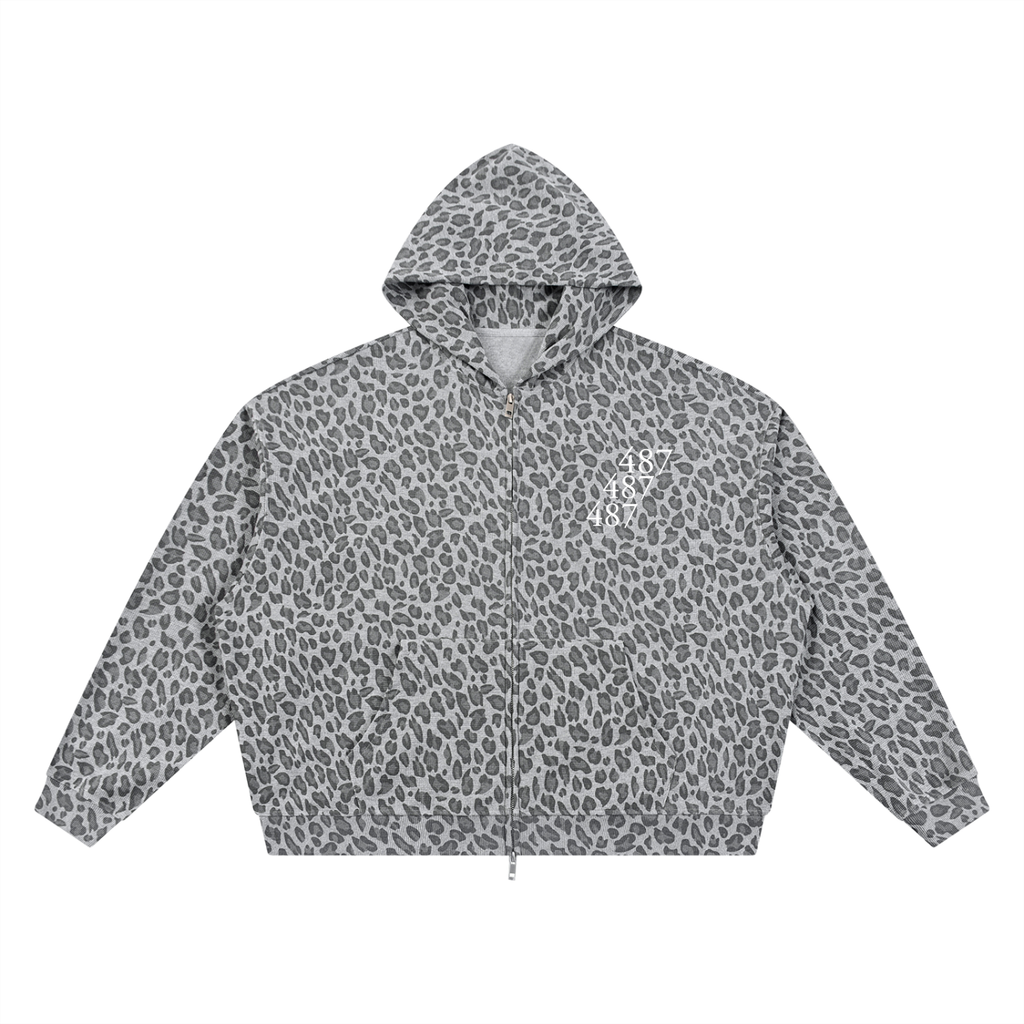 Honest 487  Design  Leopard Print Waffle Full Zip Hoodie